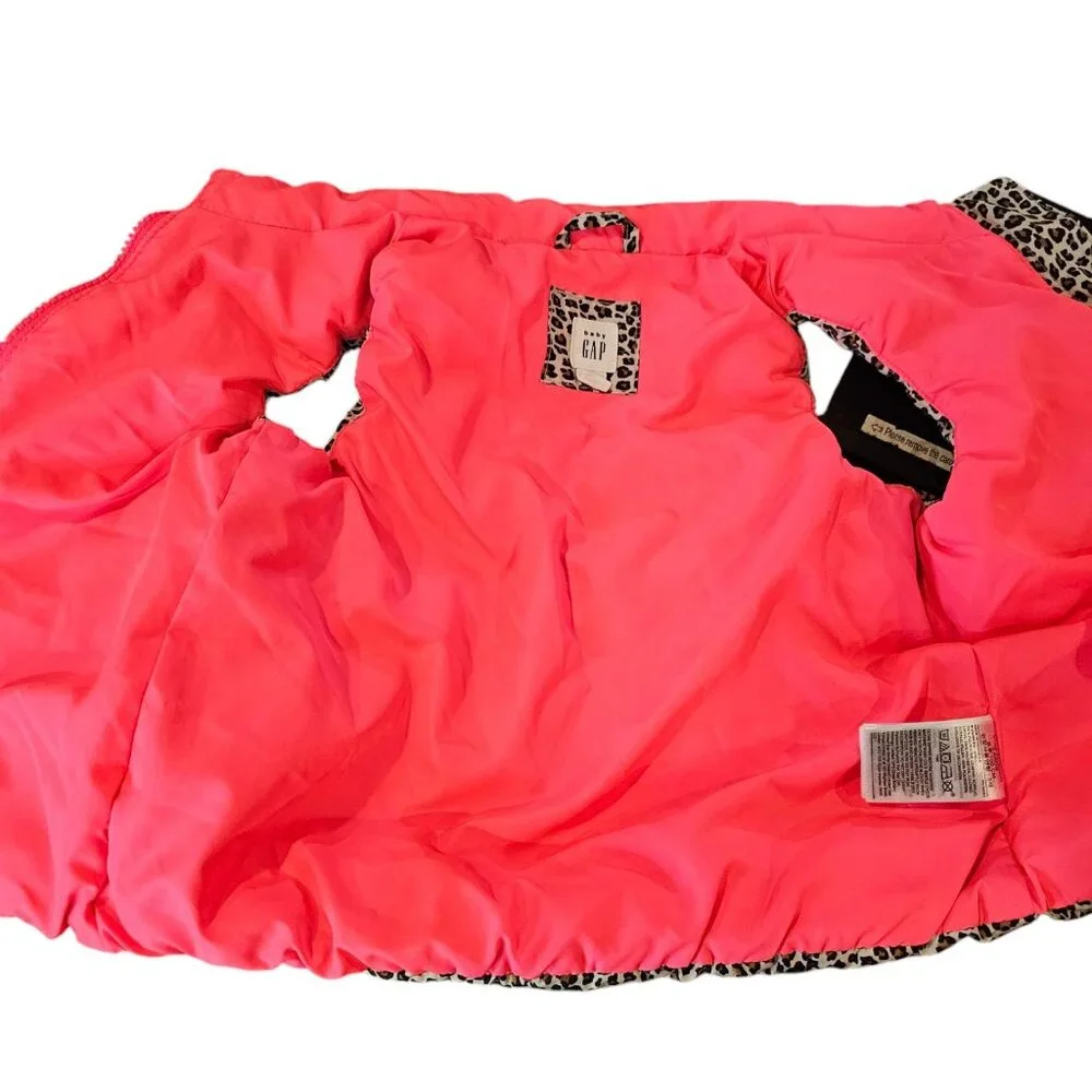 Gap Girls 3T Puffer Vest Leopard‎ Print Zip Closure Pink Liner Jacket